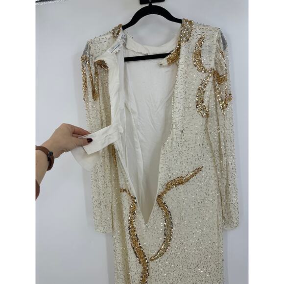 Vintage Cachet Bari Protas Womens 14 Silk Long sleeve Fully Beaded Dress Ivory - Picture 10 of 16
